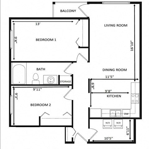Floor plan for 2 beds, 1 bath, 780 sqft